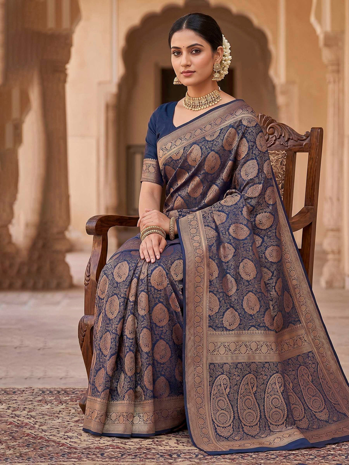 Navy Blue Woven Design Art Silk Kanjivaram Saree