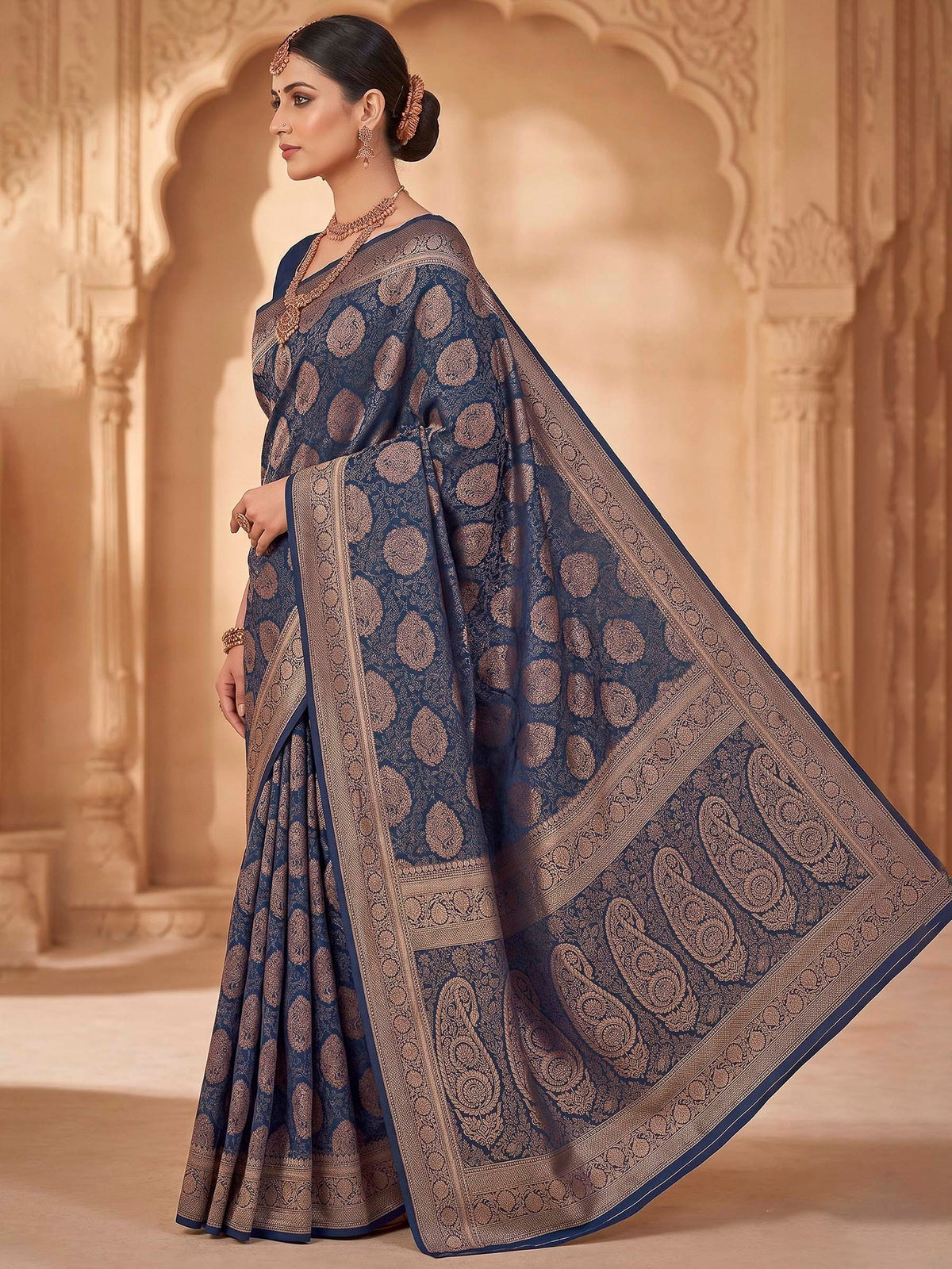 Navy Blue Woven Design Art Silk Kanjivaram Saree