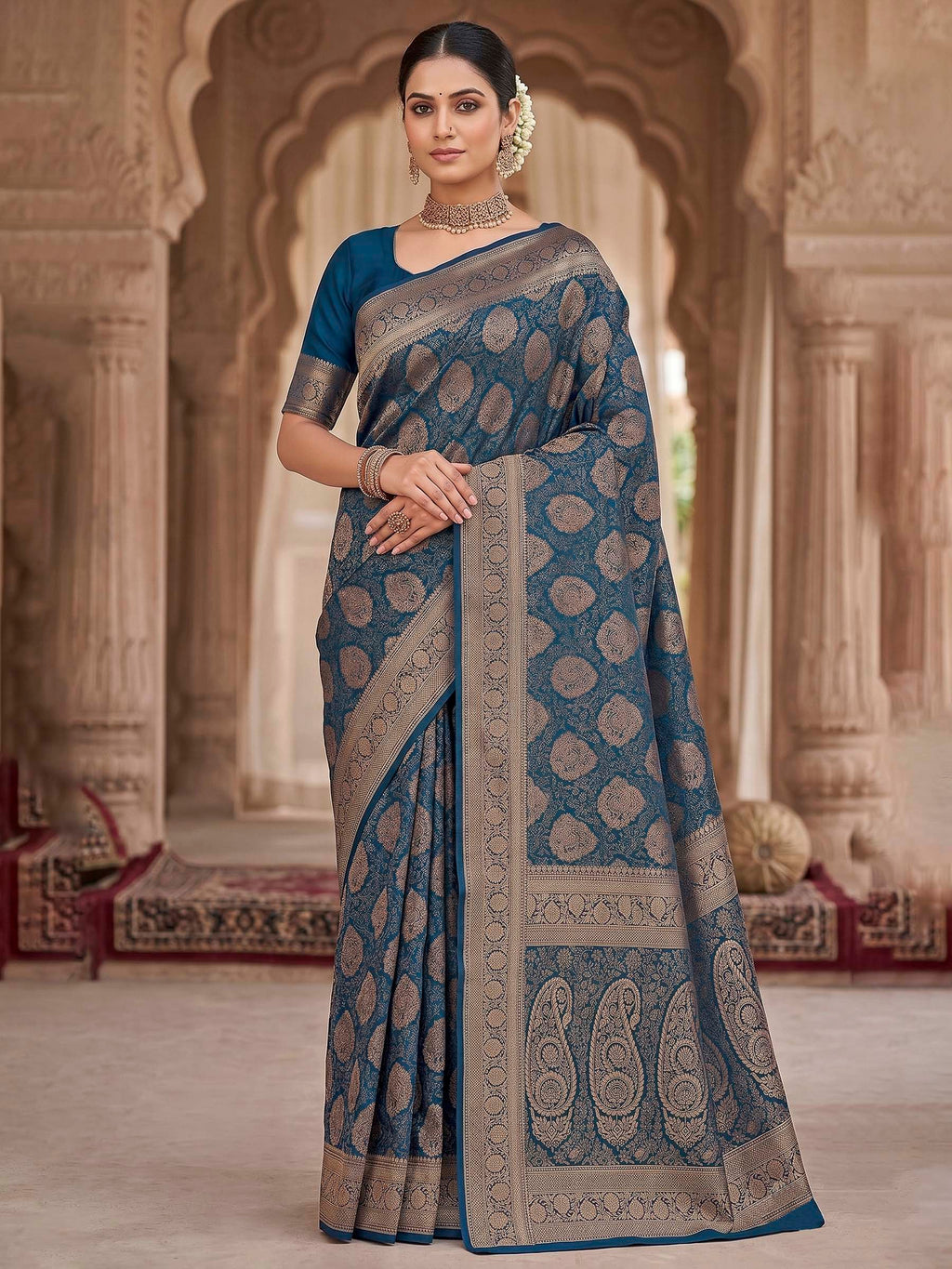 Peacock Blue Woven Design Art Silk Kanjivaram Saree