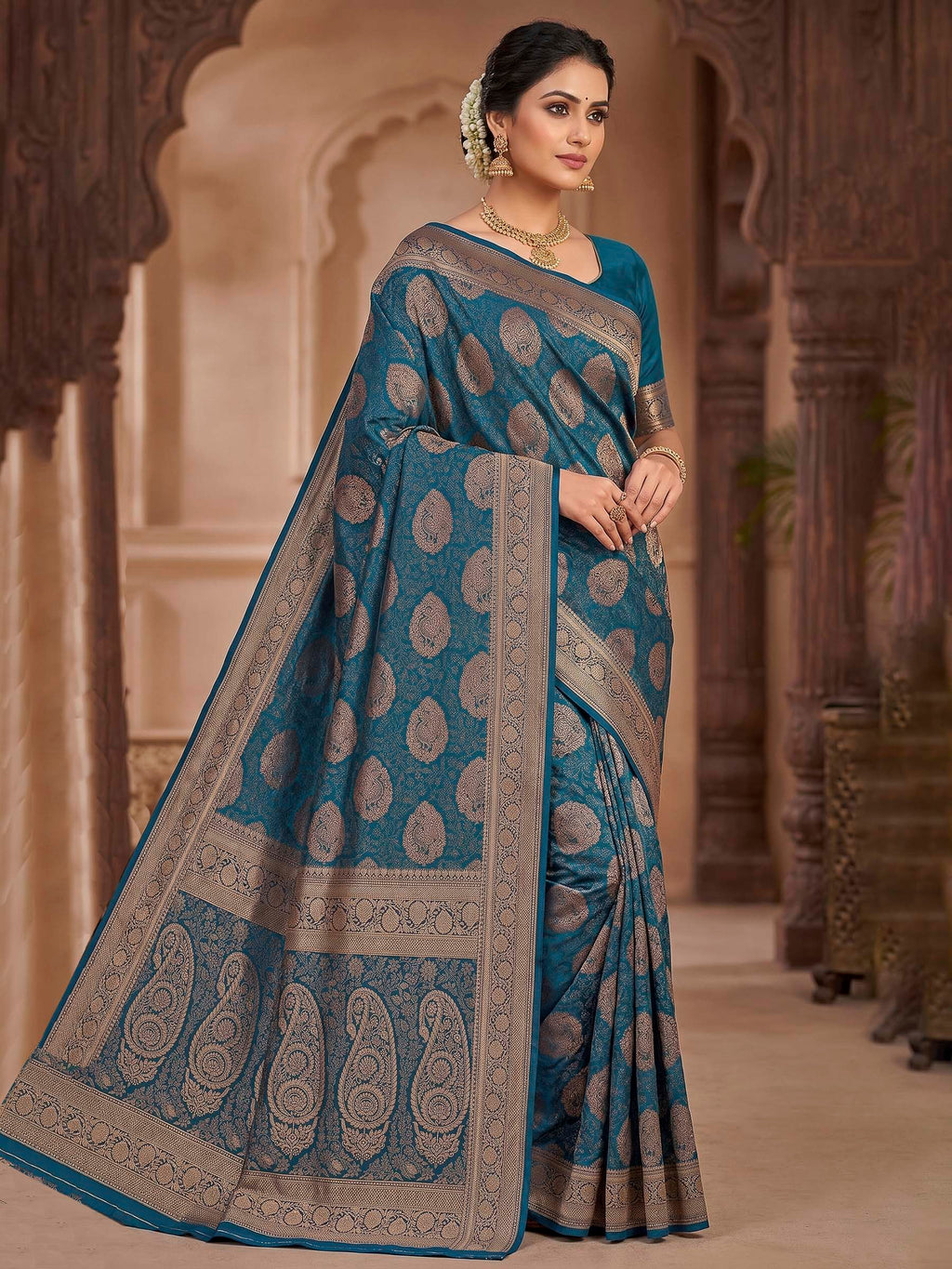 Peacock Blue Woven Design Art Silk Kanjivaram Saree