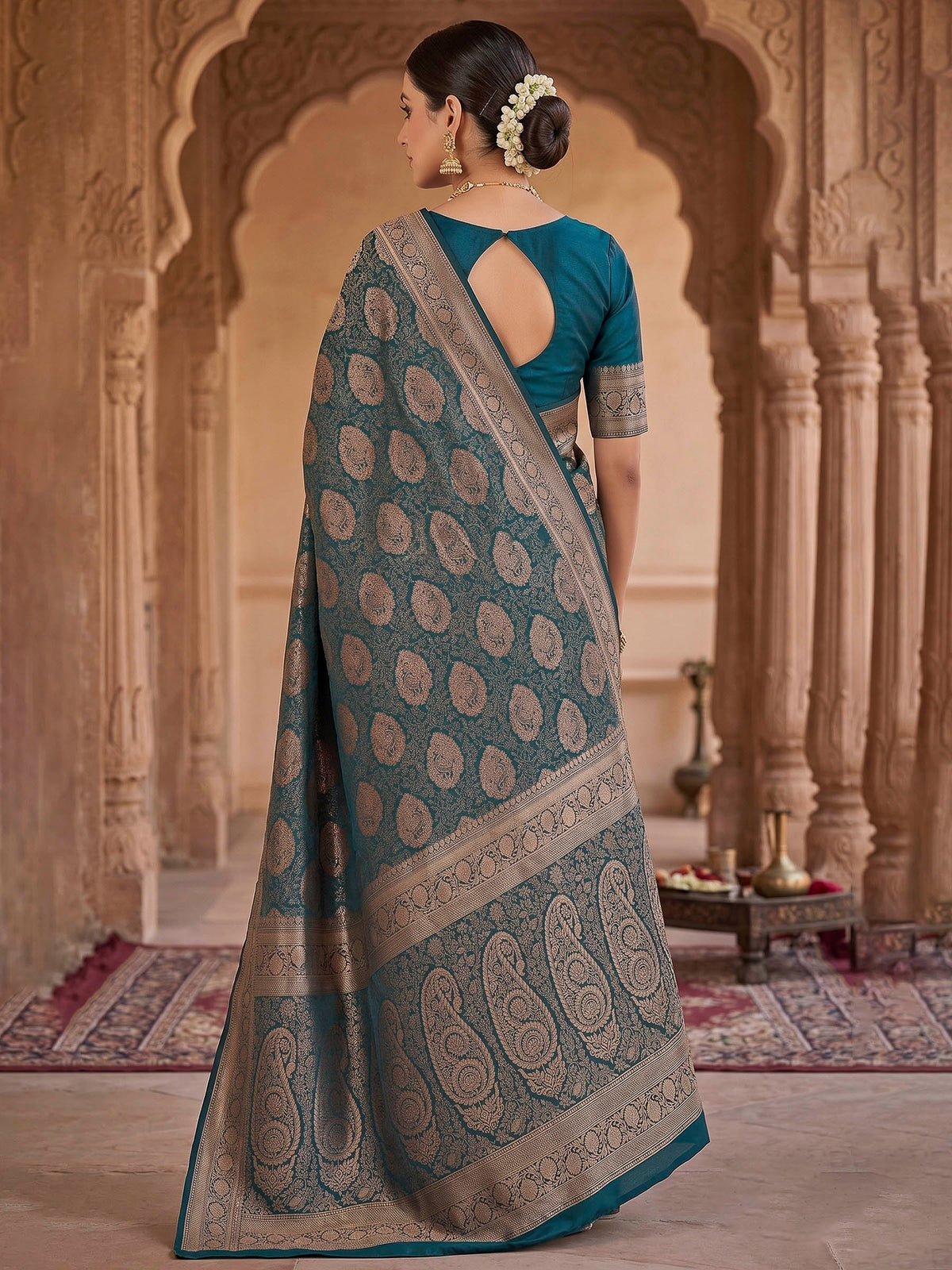 Peacock Blue Woven Design Art Silk Kanjivaram Saree