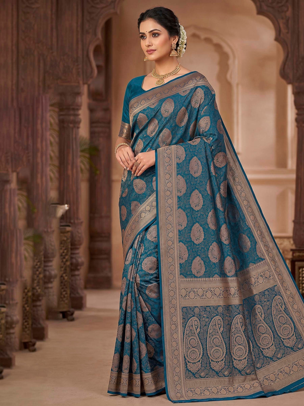 Peacock Blue Woven Design Art Silk Kanjivaram Saree