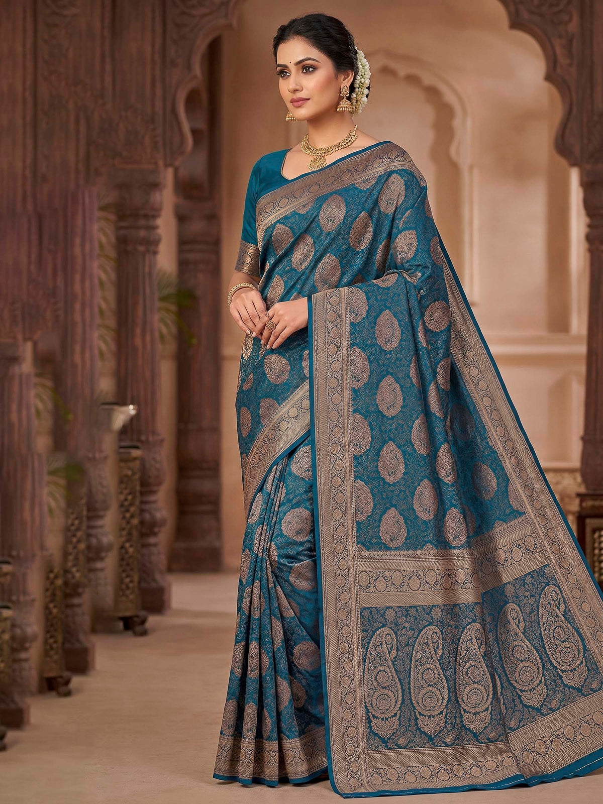 Peacock Blue Woven Design Art Silk Kanjivaram Saree
