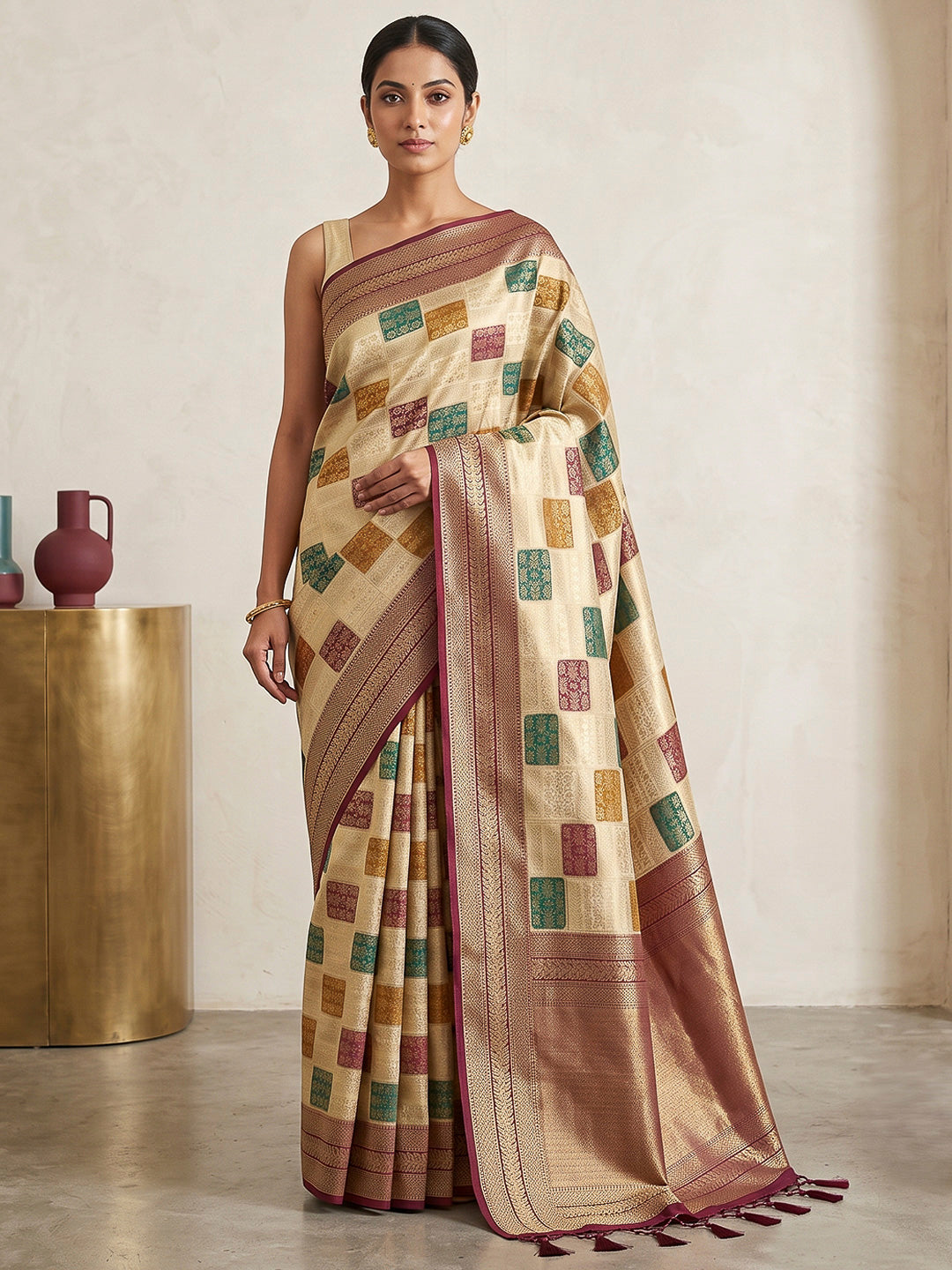 Off-White Art Silk Woven Saree