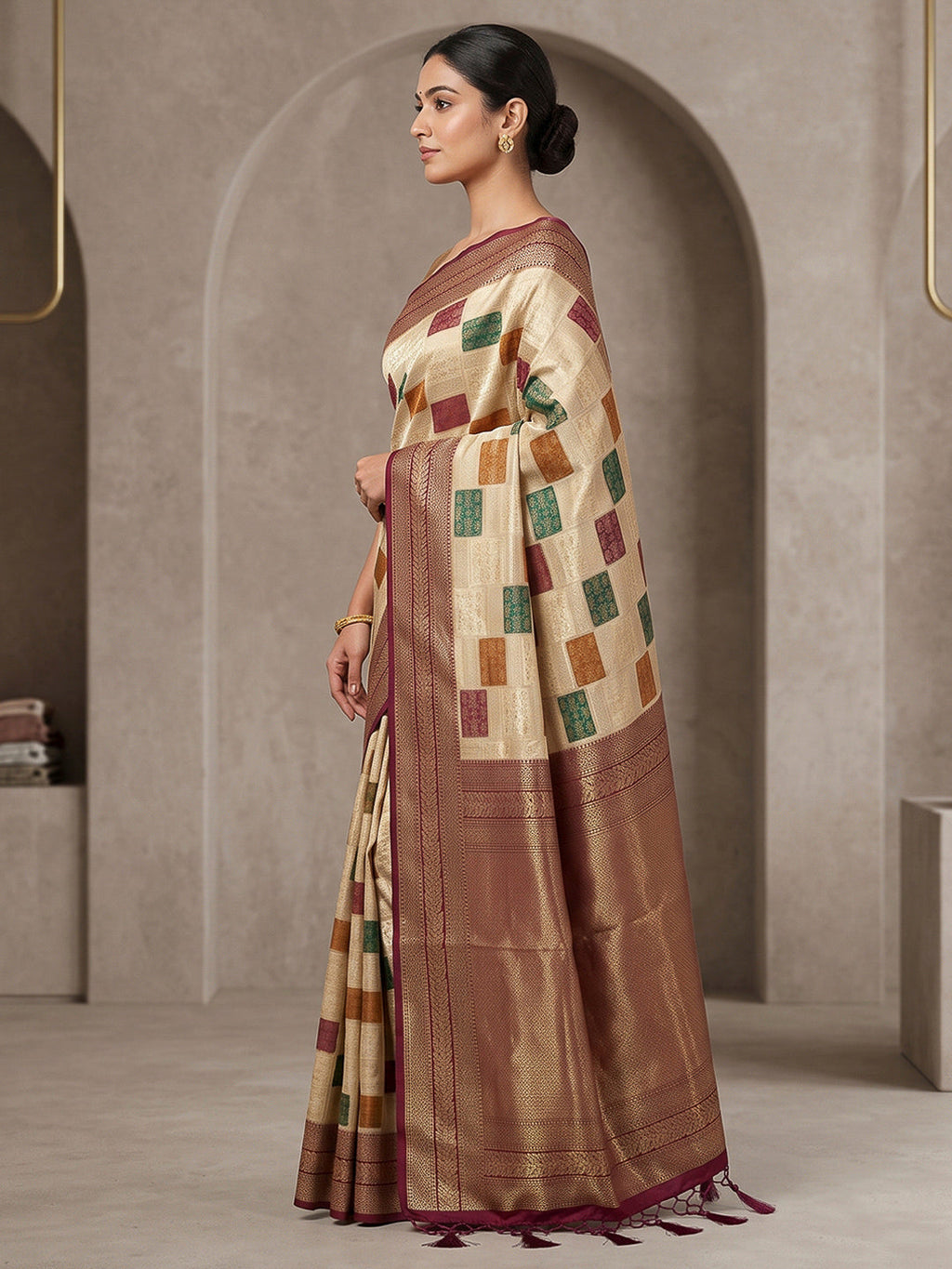 Off-White Art Silk Woven Saree