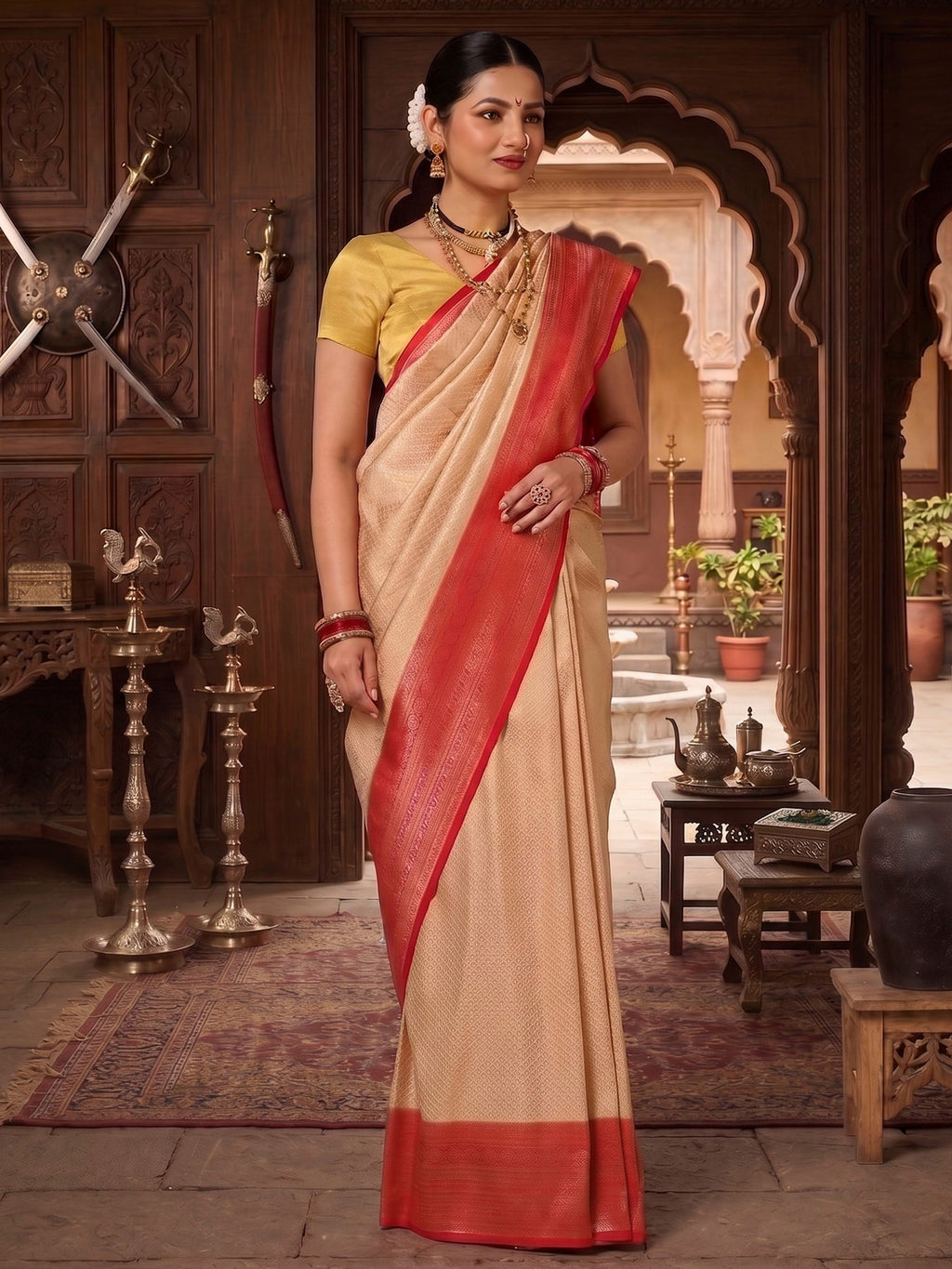 Off White Red Woven Design Kanjivaram Brocade Contrast Saree