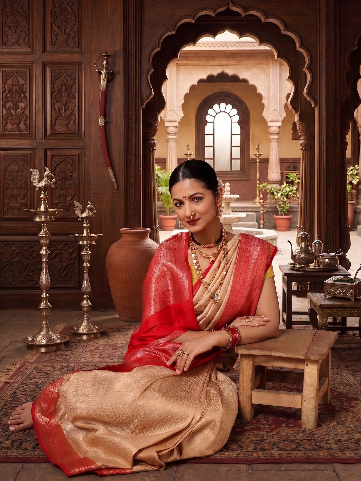 Off White Red Woven Design Kanjivaram Brocade Contrast Saree