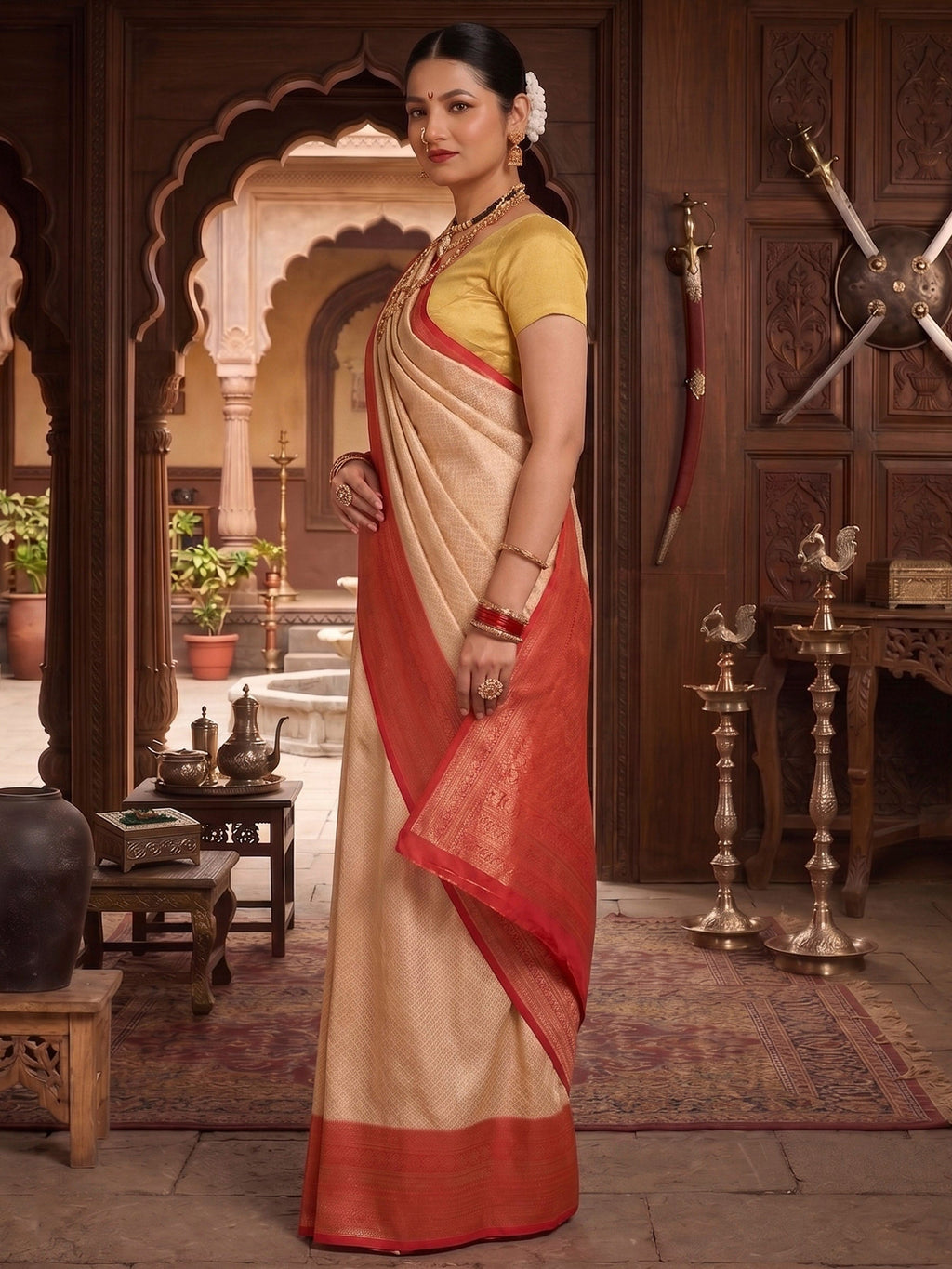 Off White Red Woven Design Kanjivaram Brocade Contrast Saree