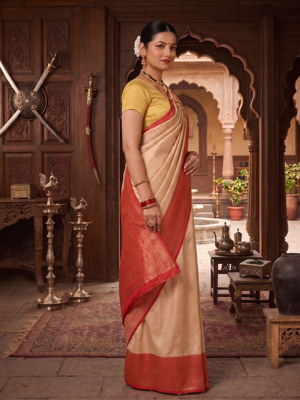 Off White Red Woven Design Kanjivaram Brocade Contrast Saree