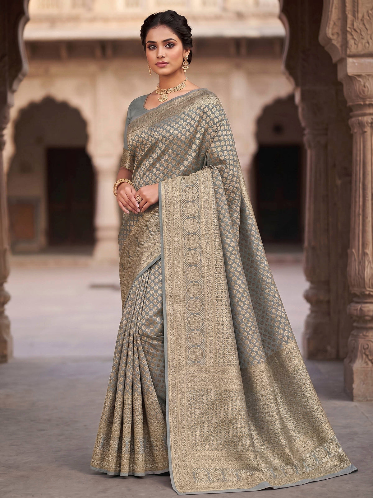 Grey Woven Design Art Silk Kanjivaram Saree