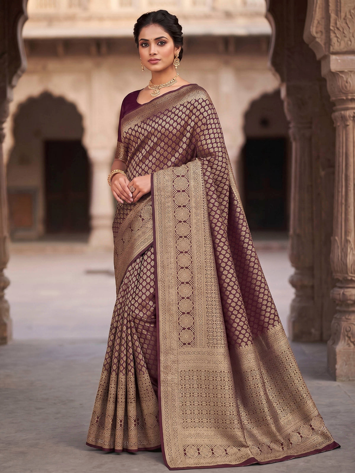 Wine Woven Design Art Silk Kanjivaram Saree