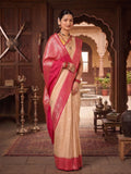 Off White Pink Woven Design Kanjivaram Brocade Contrast Saree