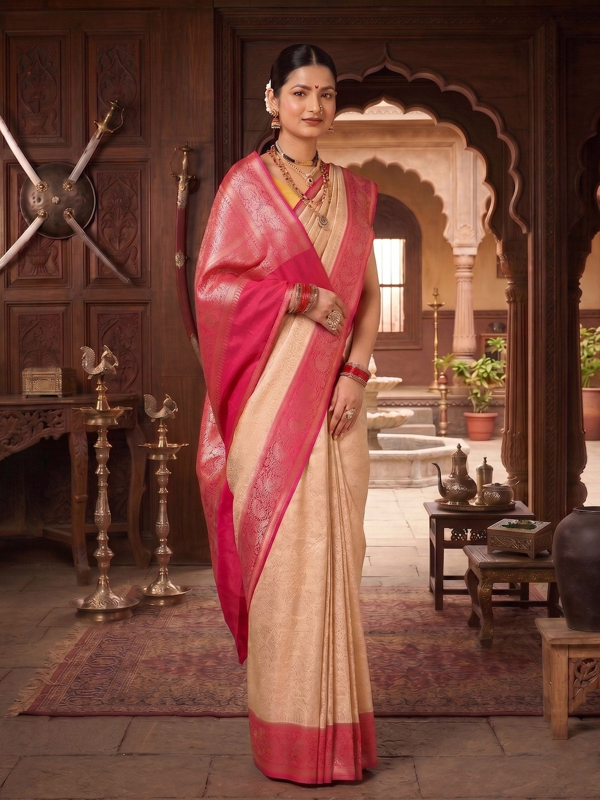 Off White Pink Woven Design Kanjivaram Brocade Contrast Saree