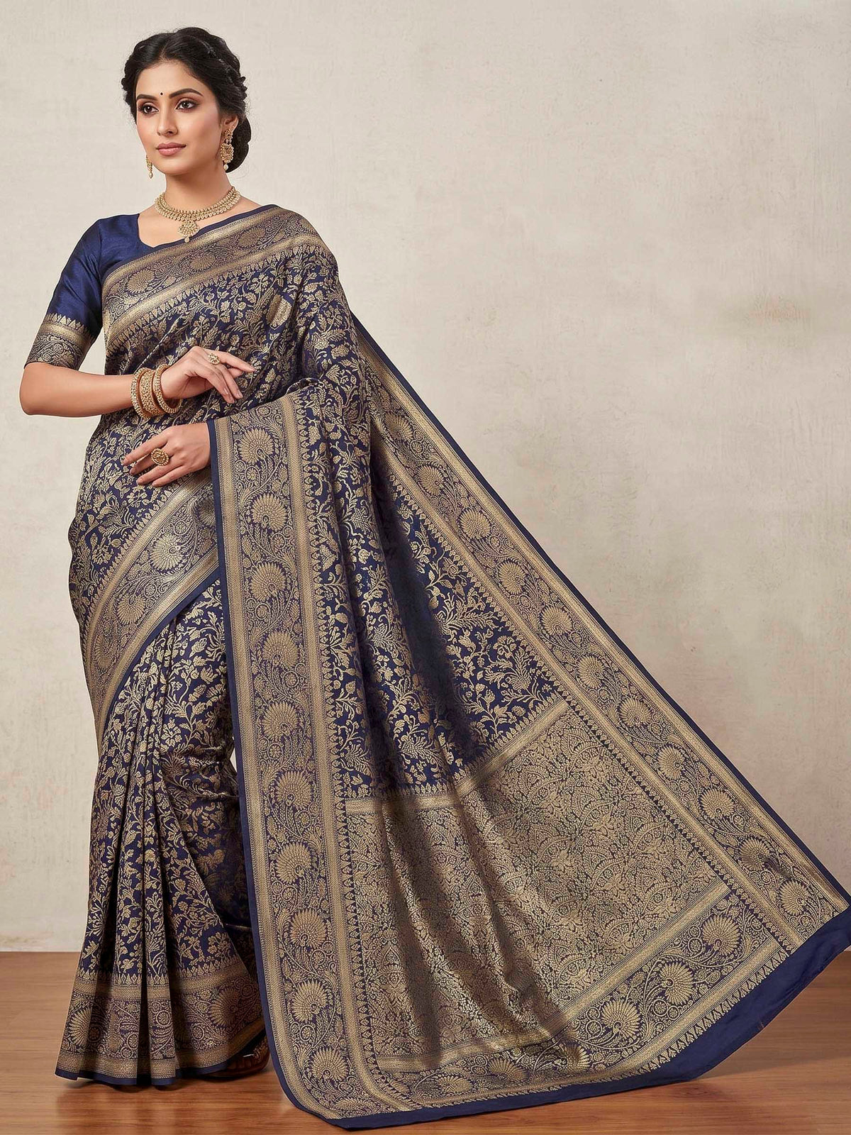 Navy Blue Woven Design Art Silk Kanjivaram Saree