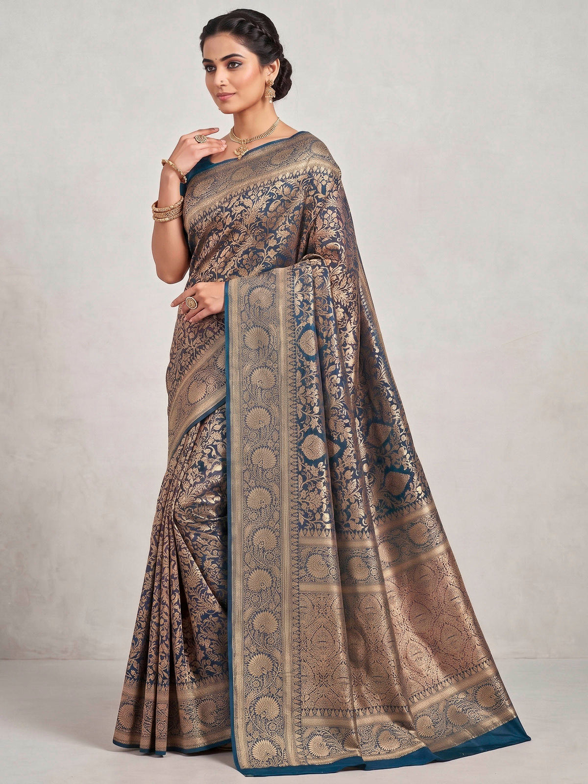 Dark Blue Woven Design Art Silk Kanjivaram Saree