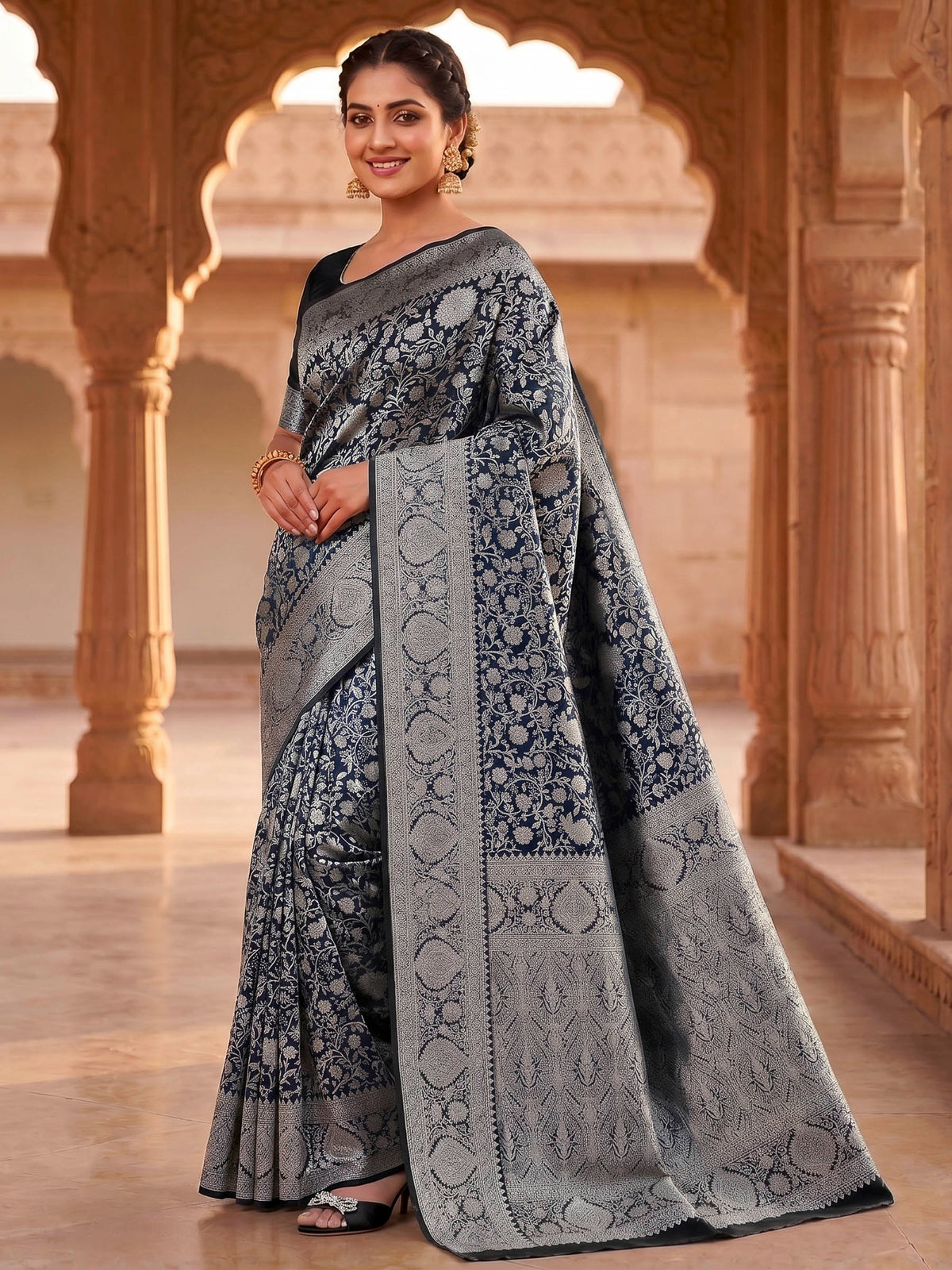 Black Woven Design Art Silk Kanjivaram Saree