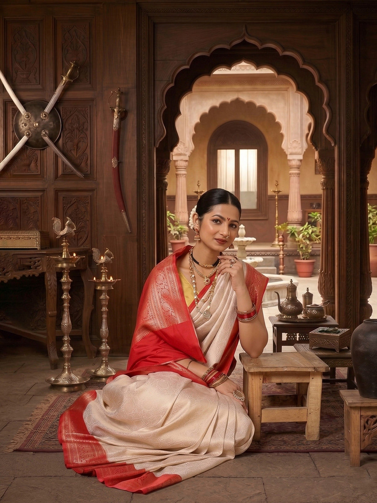 Off White Red Woven Design Kanjivaram Brocade Contrast Saree