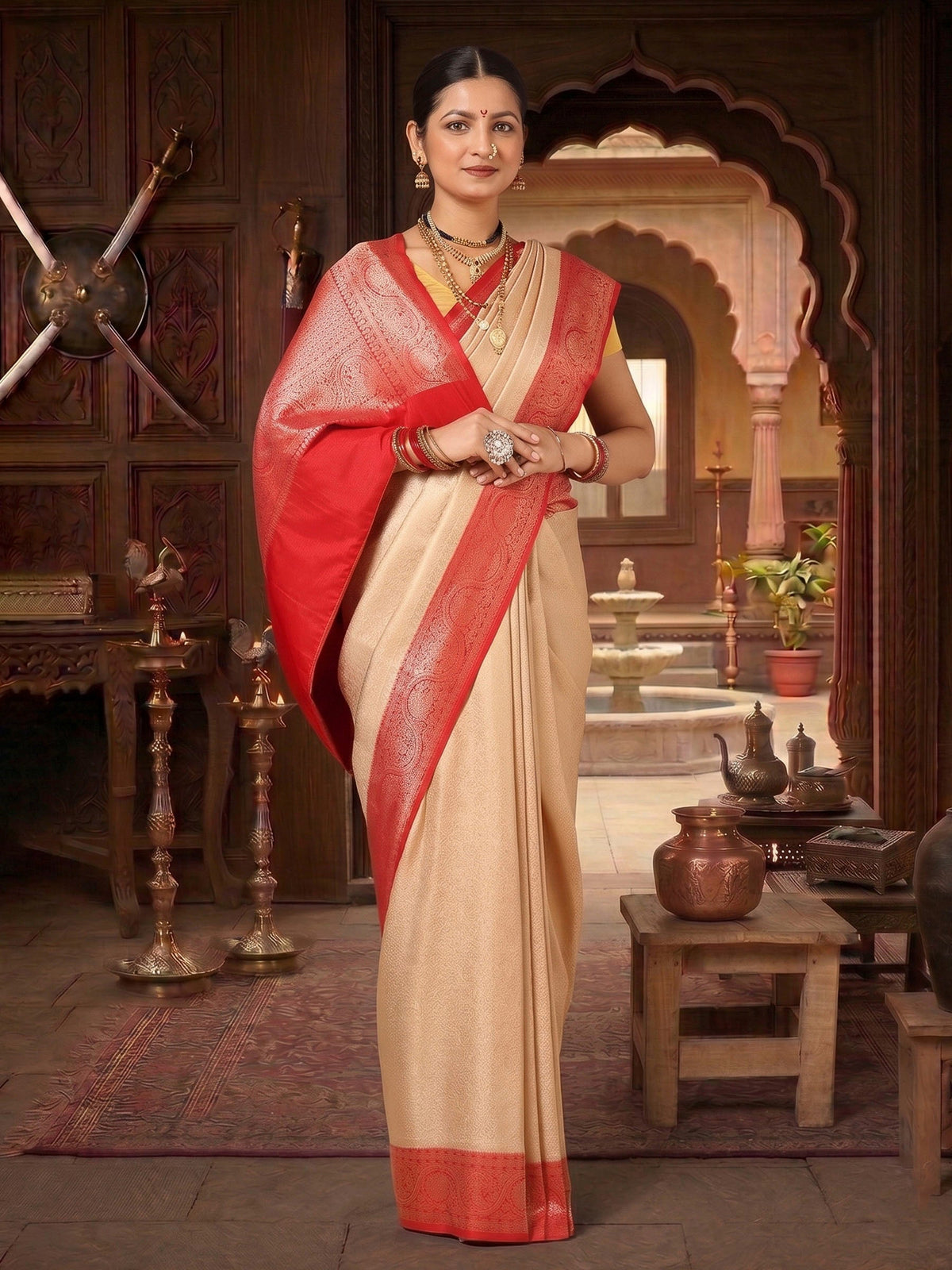 Off White Red Woven Design Kanjivaram Brocade Contrast Saree