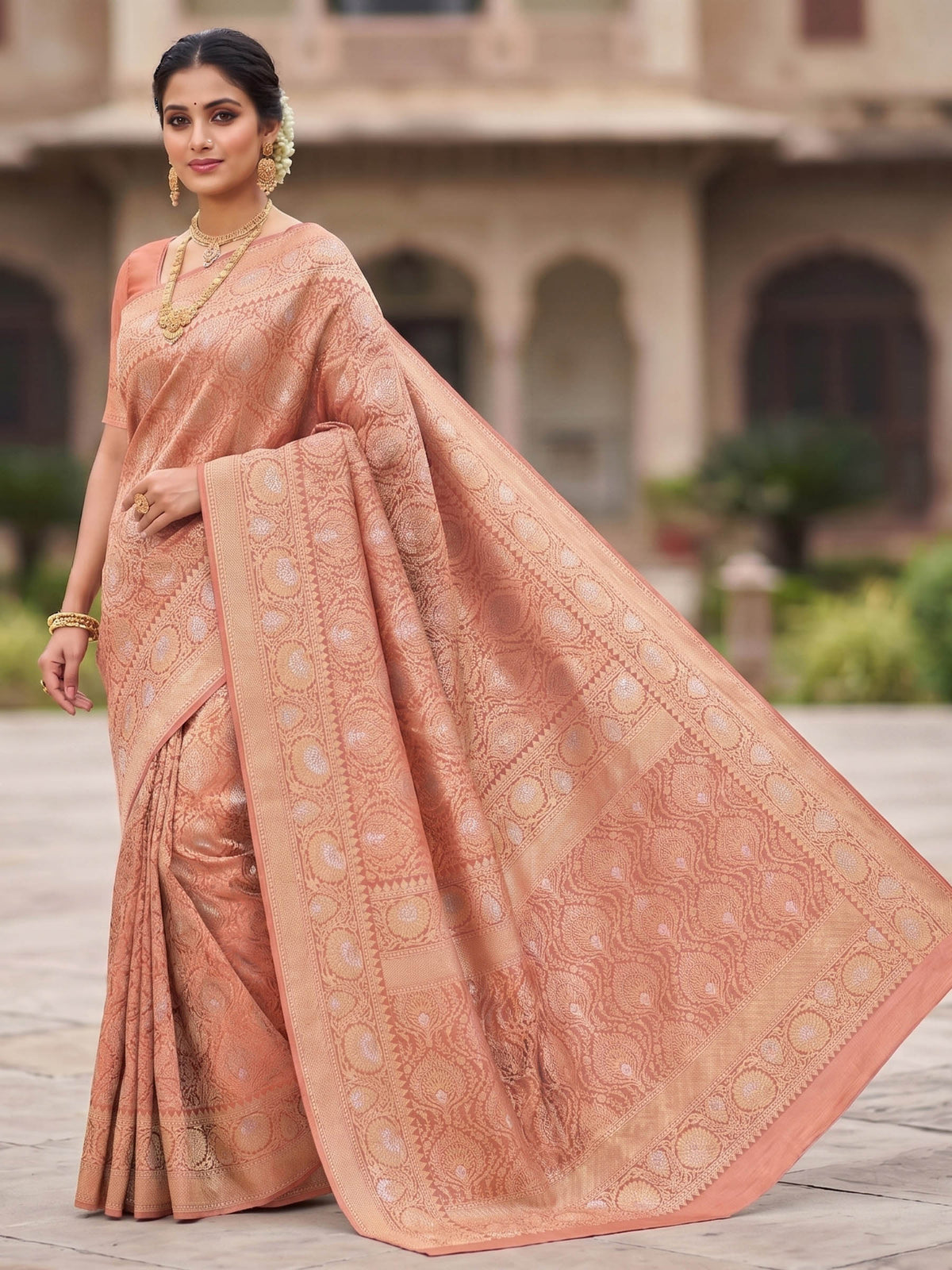 Peach Woven Design Art Silk Kanjivaram Saree