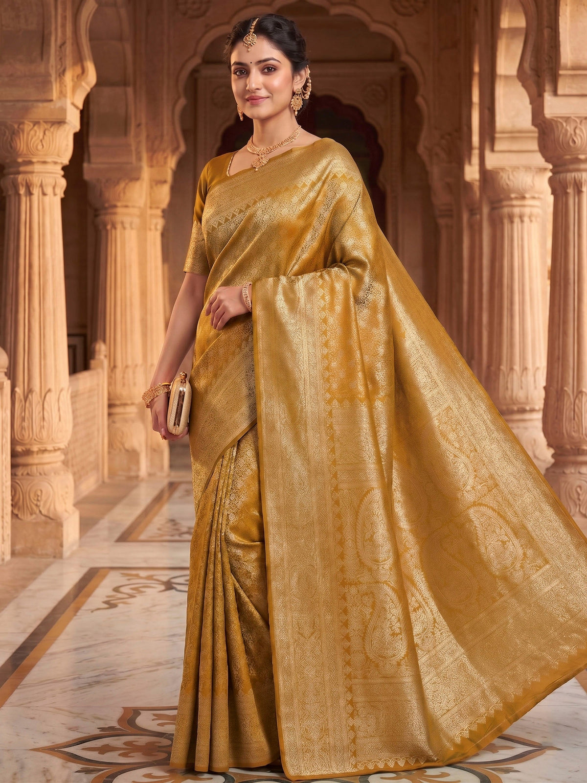 Mustard Woven Design Art Silk Kanjivaram Saree