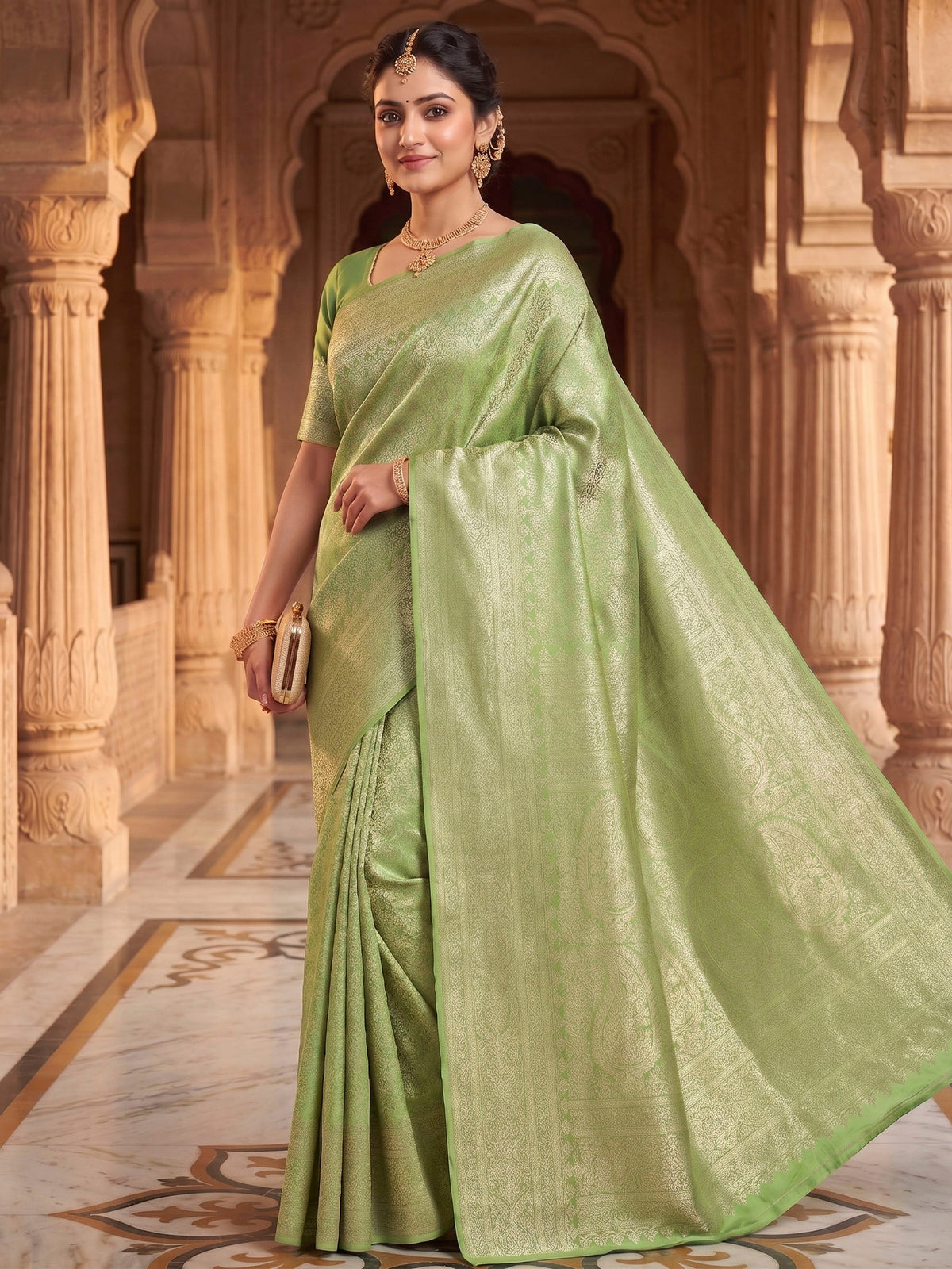 Pista Green Woven Design Art Silk Kanjivaram Saree