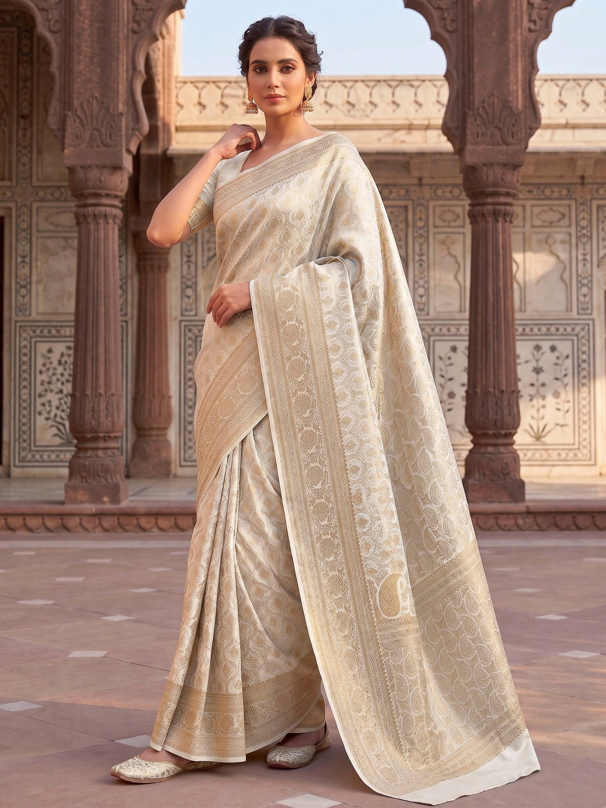 Off White Woven Design Art Silk Kanjivaram Saree