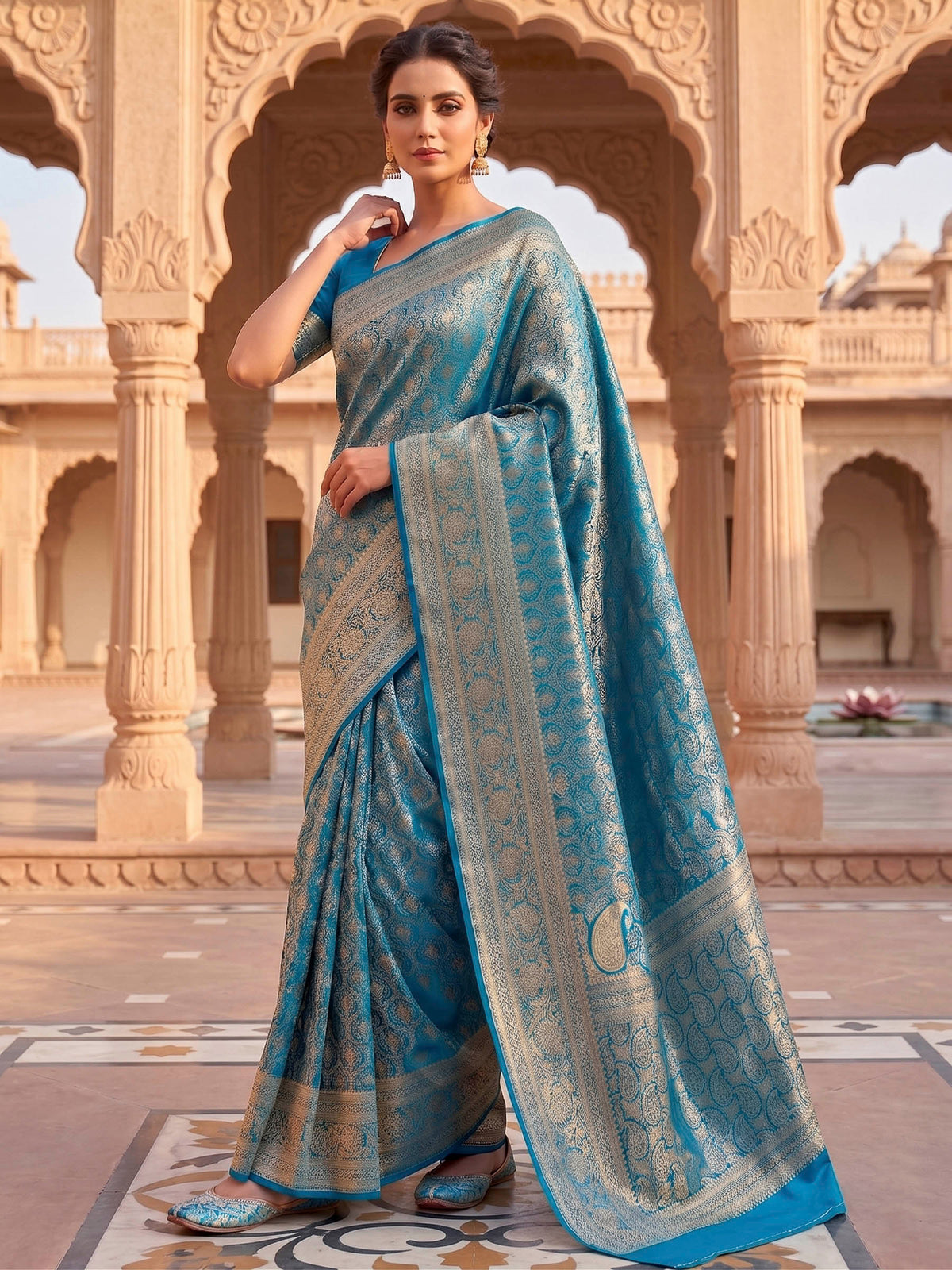 Peacock Blue Woven Design Art Silk Kanjivaram Saree