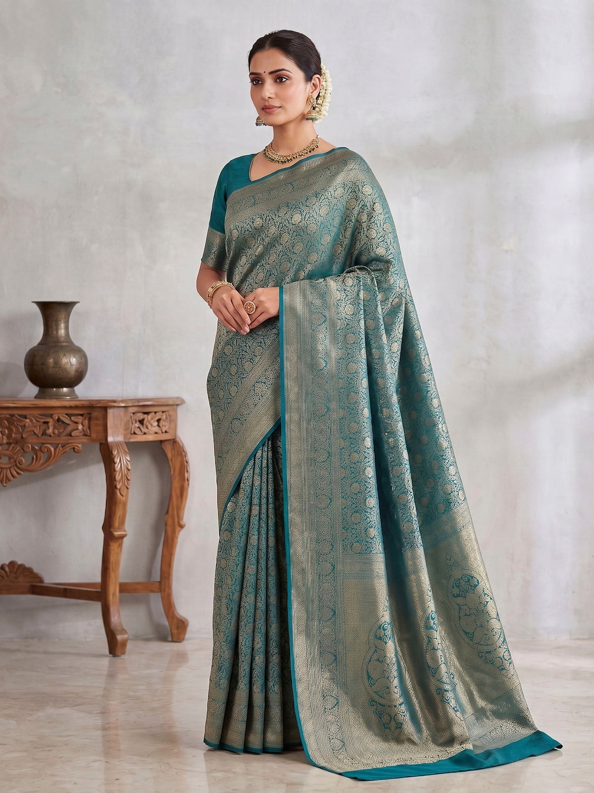 Dark Blue Woven Design Art Silk Kanjivaram Saree