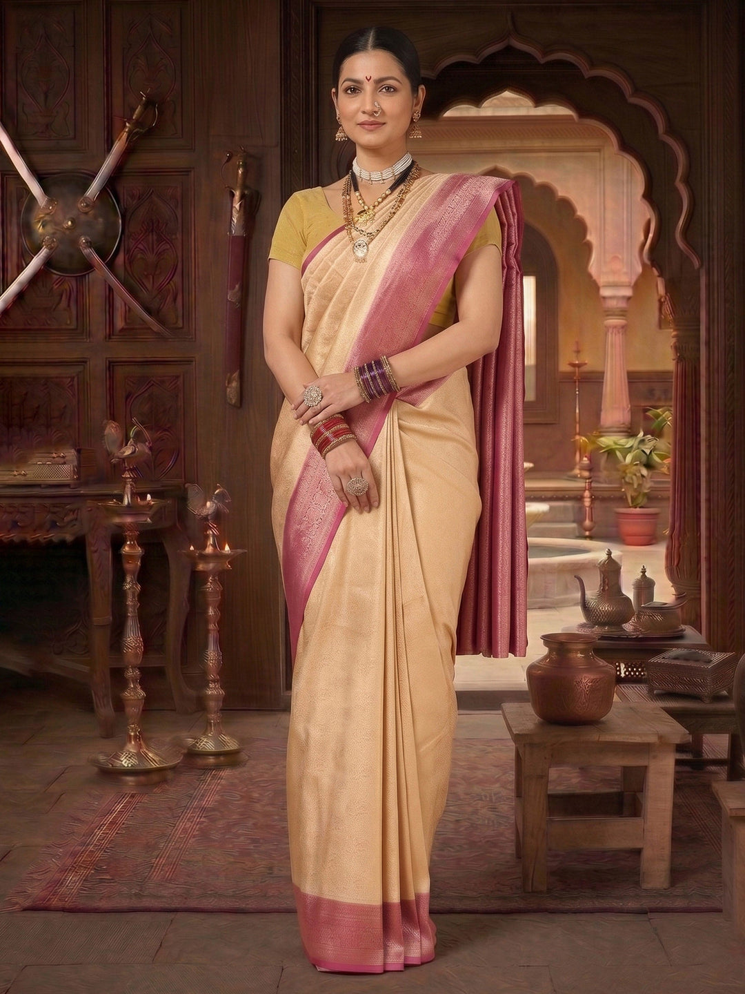 Off White Maroon Woven Design Kanjivaram Brocade Contrast Saree