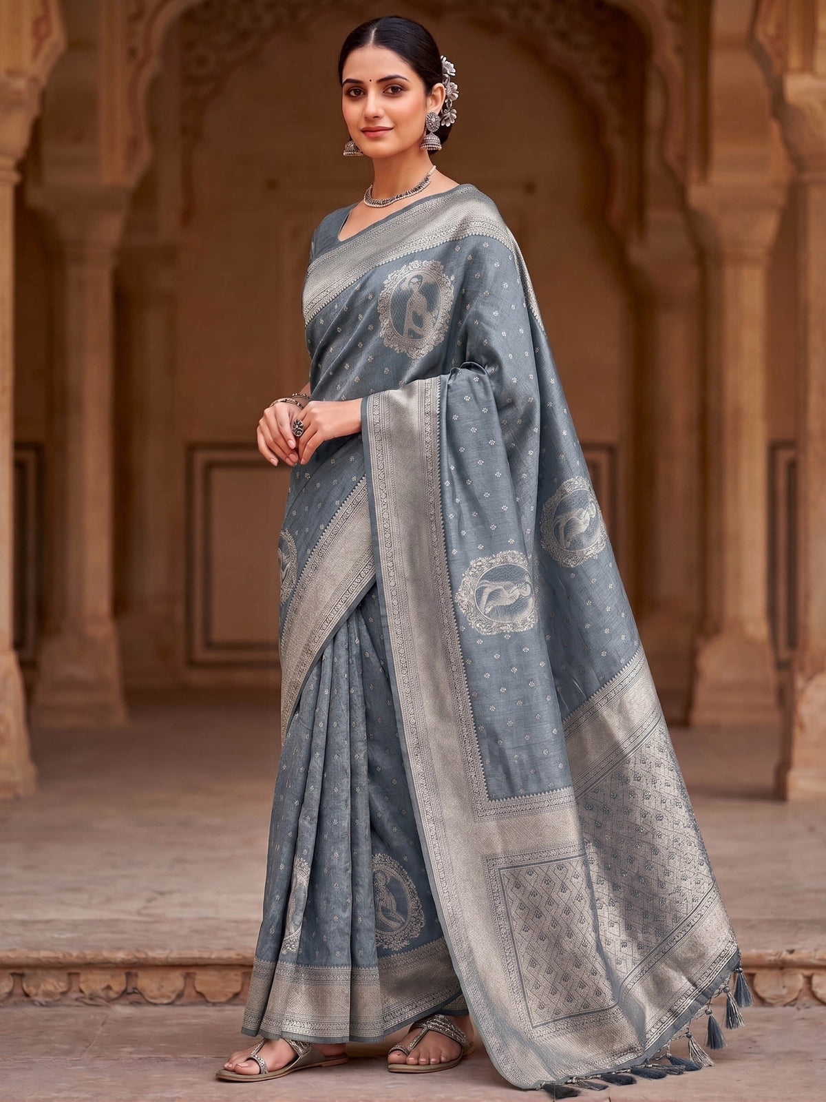 Grey Woven Design Art Silk Kanjivaram Saree