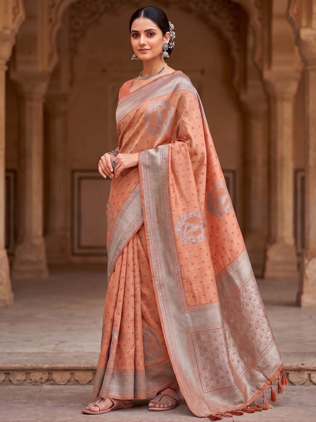 Peach Woven Design Art Silk Kanjivaram Saree