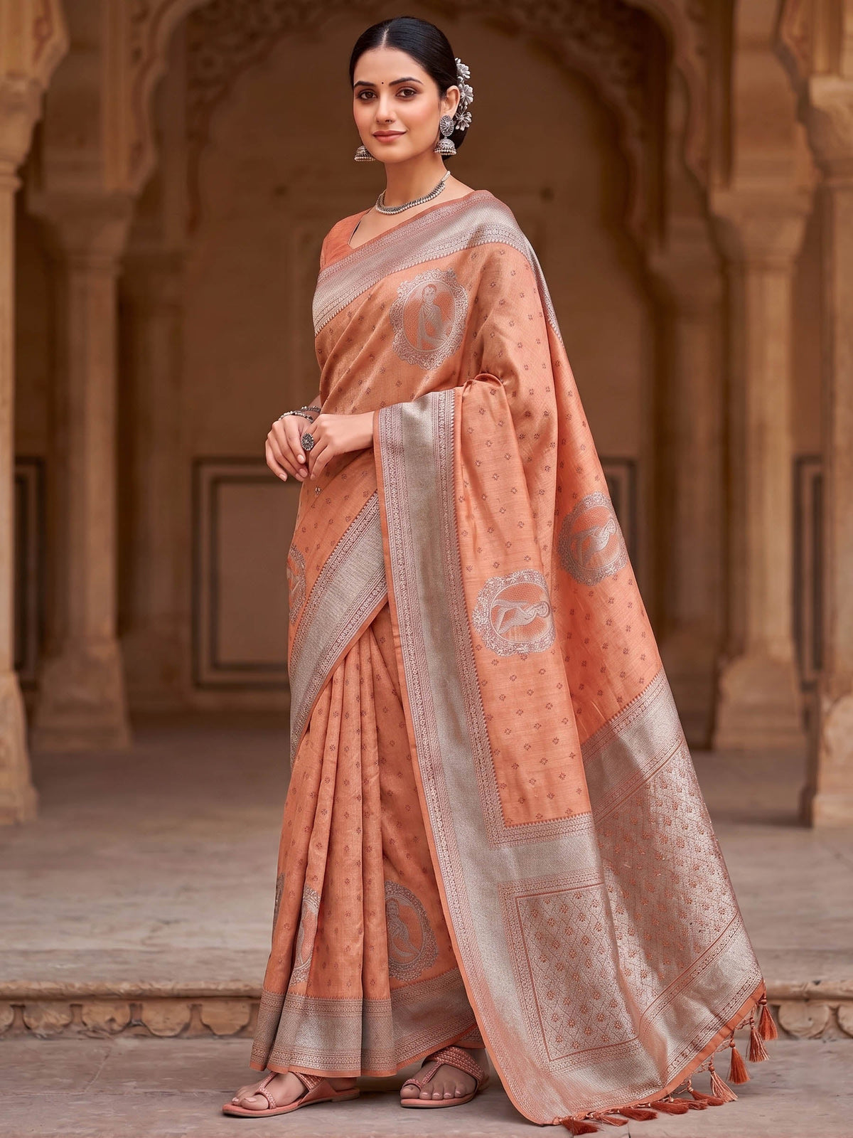 Peach Woven Design Art Silk Kanjivaram Saree