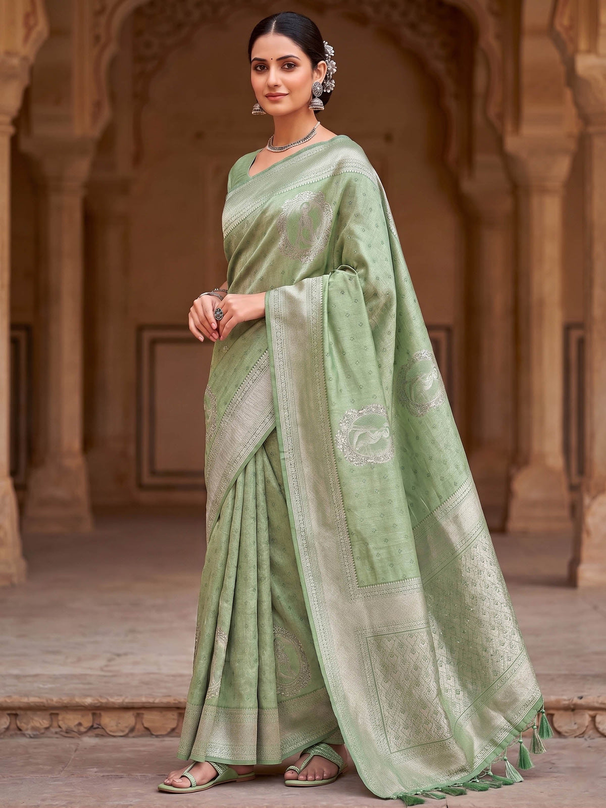 Pista Green Woven Design Art Silk Kanjivaram Saree