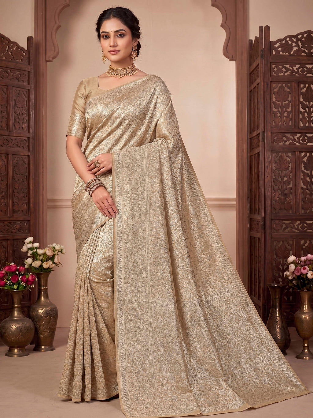 Beige Woven Design Art Silk Kanjivaram Saree