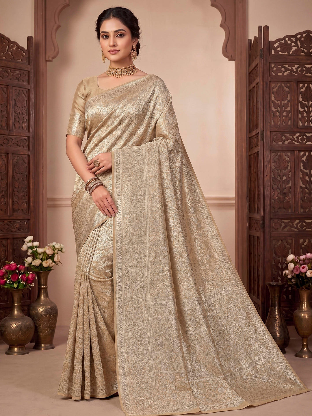 Beige Woven Design Art Silk Kanjivaram Saree
