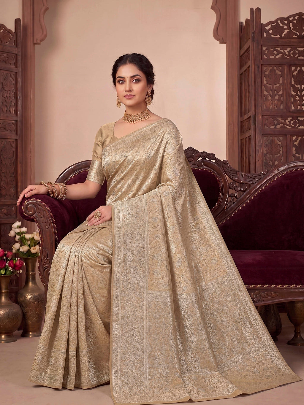 Beige Woven Design Art Silk Kanjivaram Saree