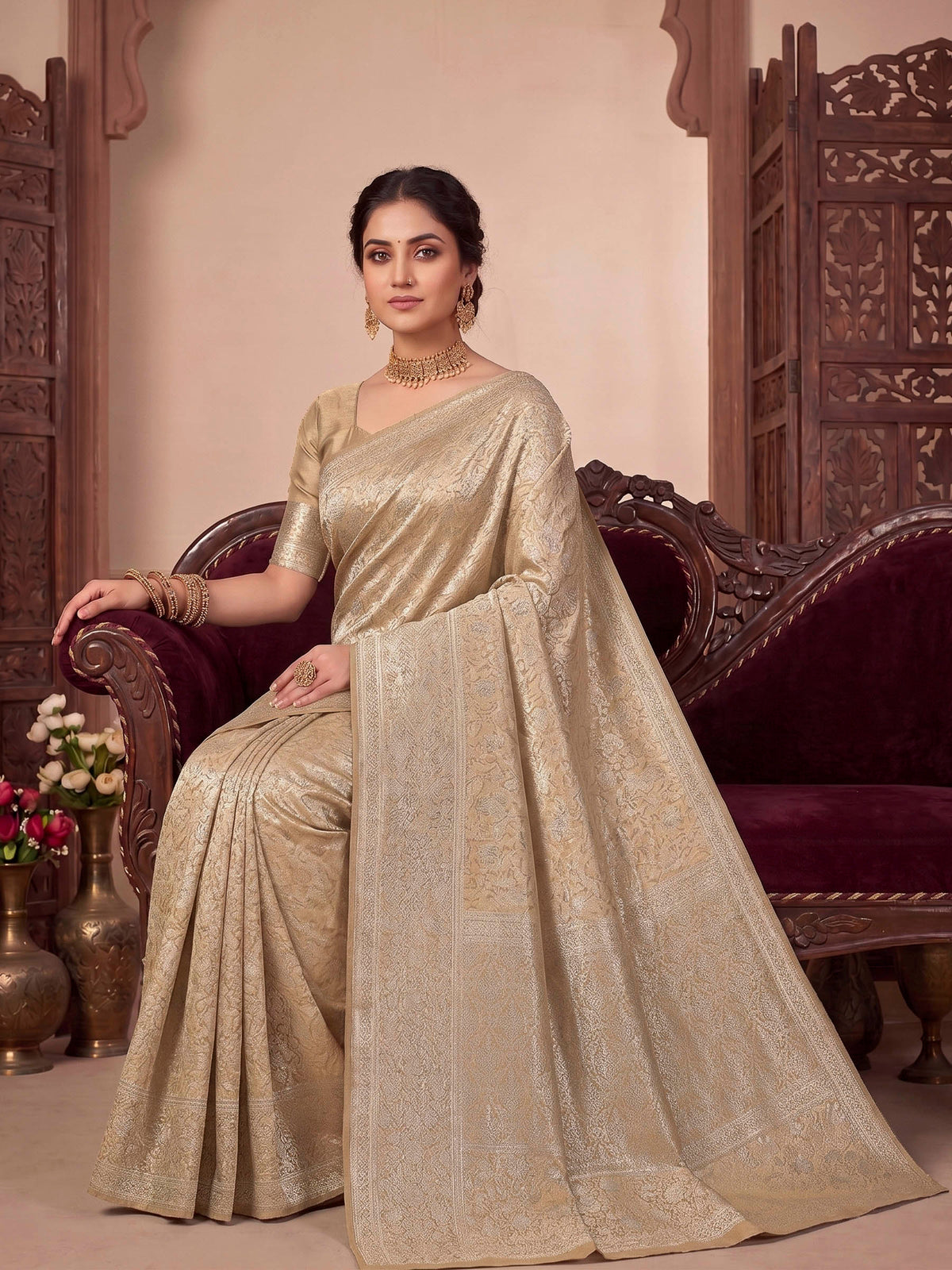 Beige Woven Design Art Silk Kanjivaram Saree
