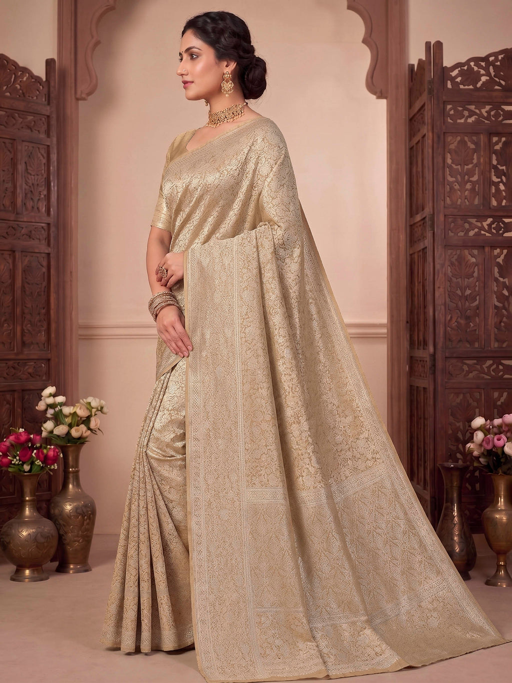 Beige Woven Design Art Silk Kanjivaram Saree