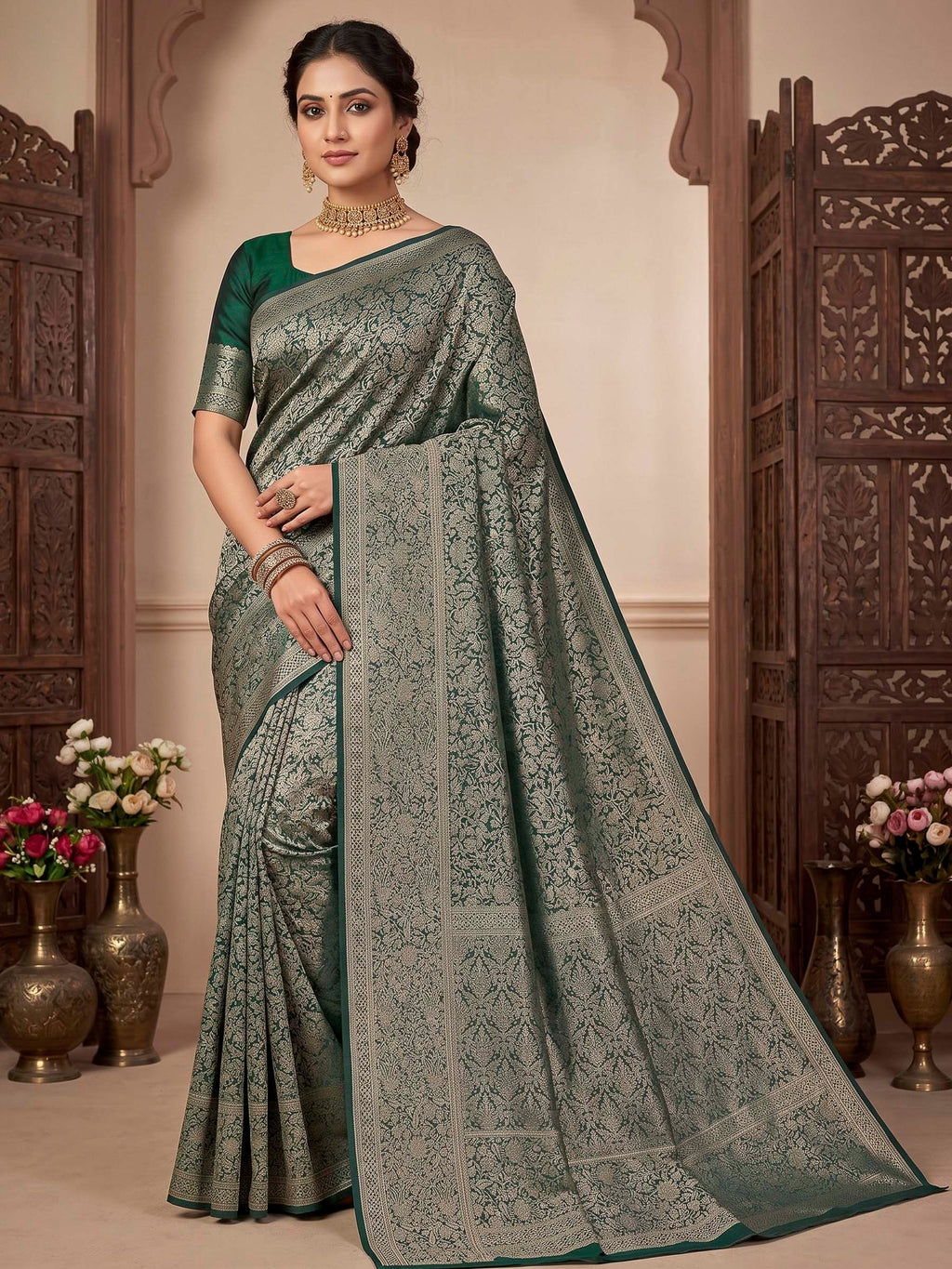 Bottle Green Woven Design Art Silk Kanjivaram Saree