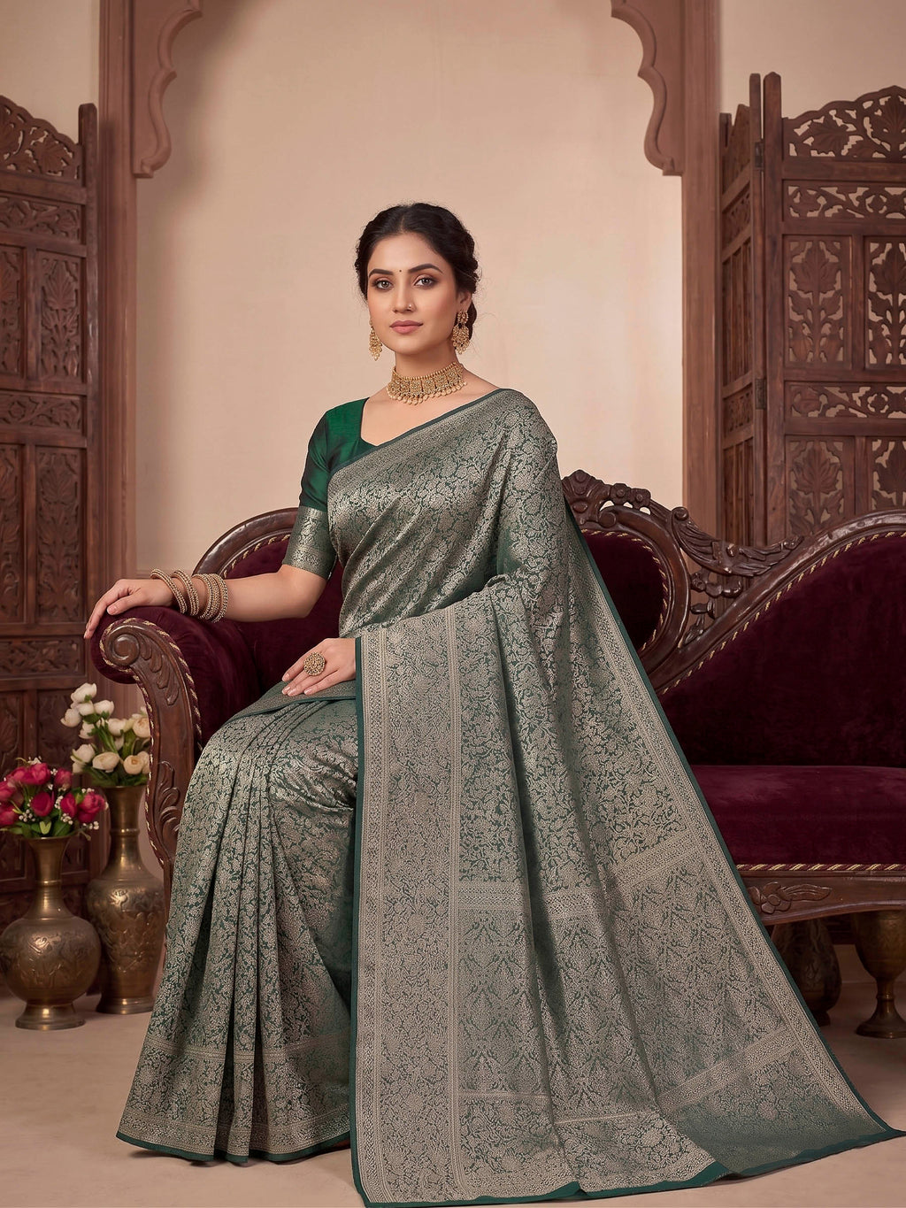 Bottle Green Woven Design Art Silk Kanjivaram Saree