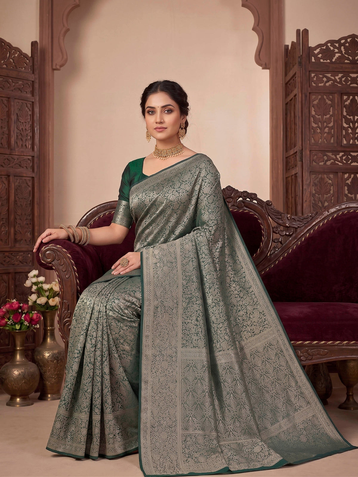 Bottle Green Woven Design Art Silk Kanjivaram Saree