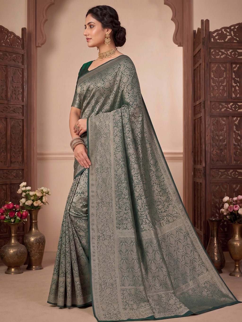 Bottle Green Woven Design Art Silk Kanjivaram Saree