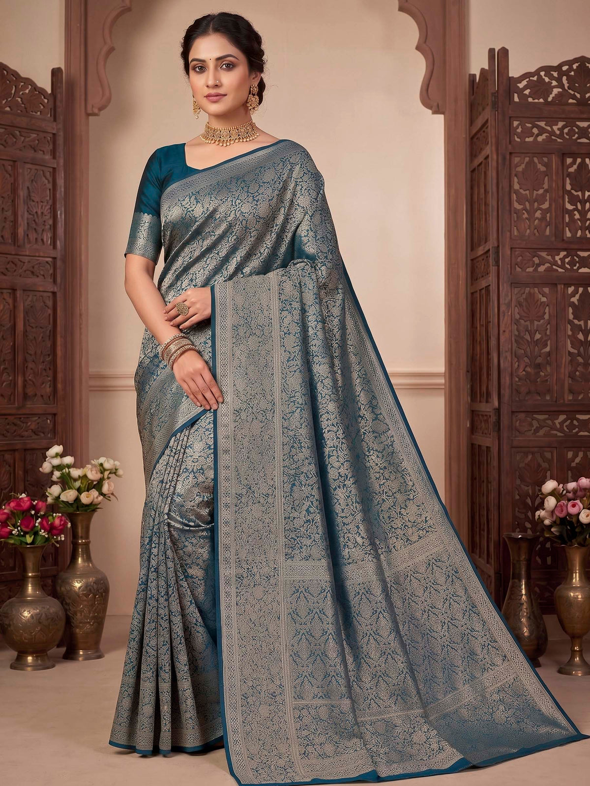 Peacock Blue Woven Design Art Silk Kanjivaram Saree