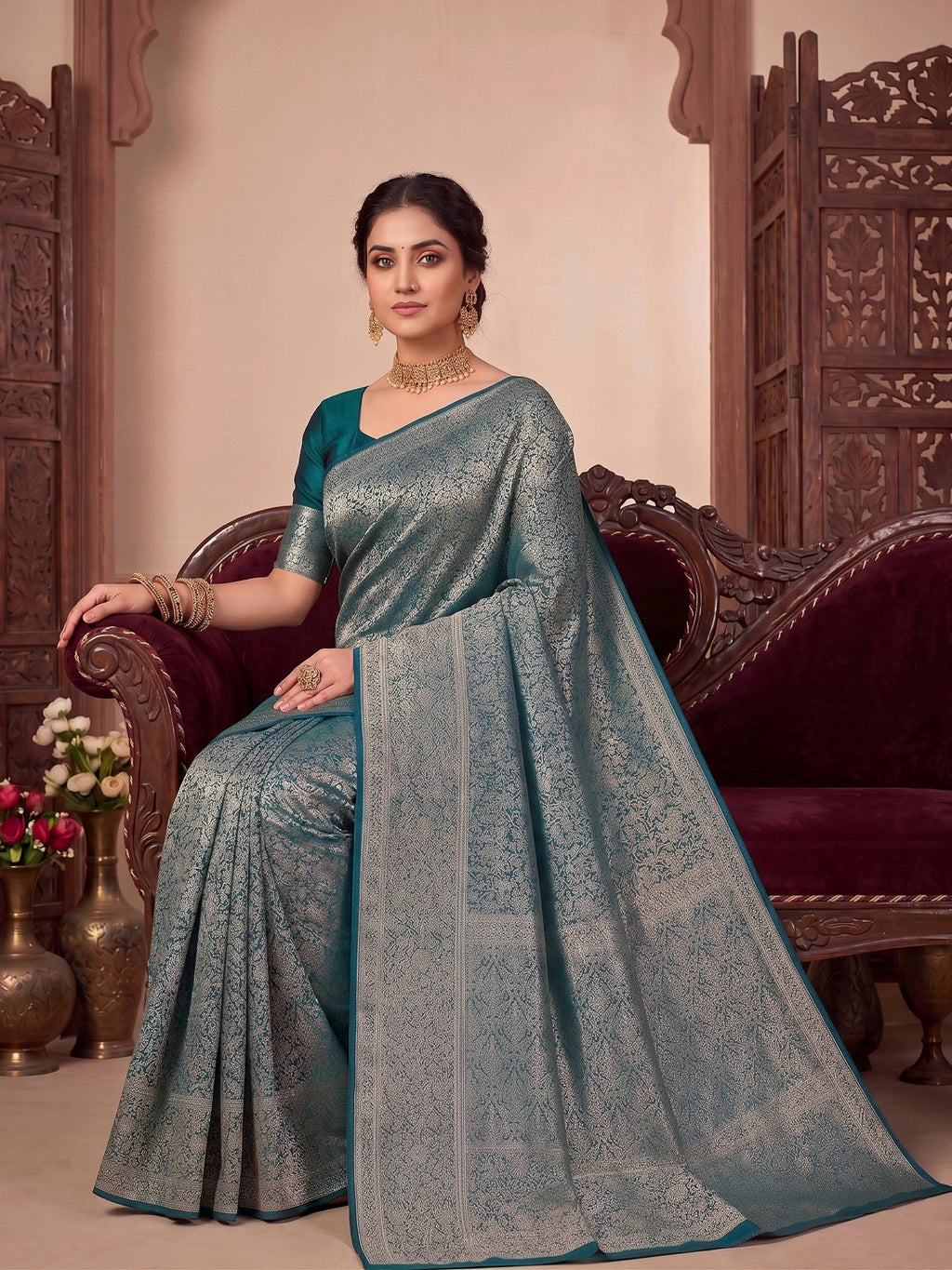 Peacock Blue Woven Design Art Silk Kanjivaram Saree
