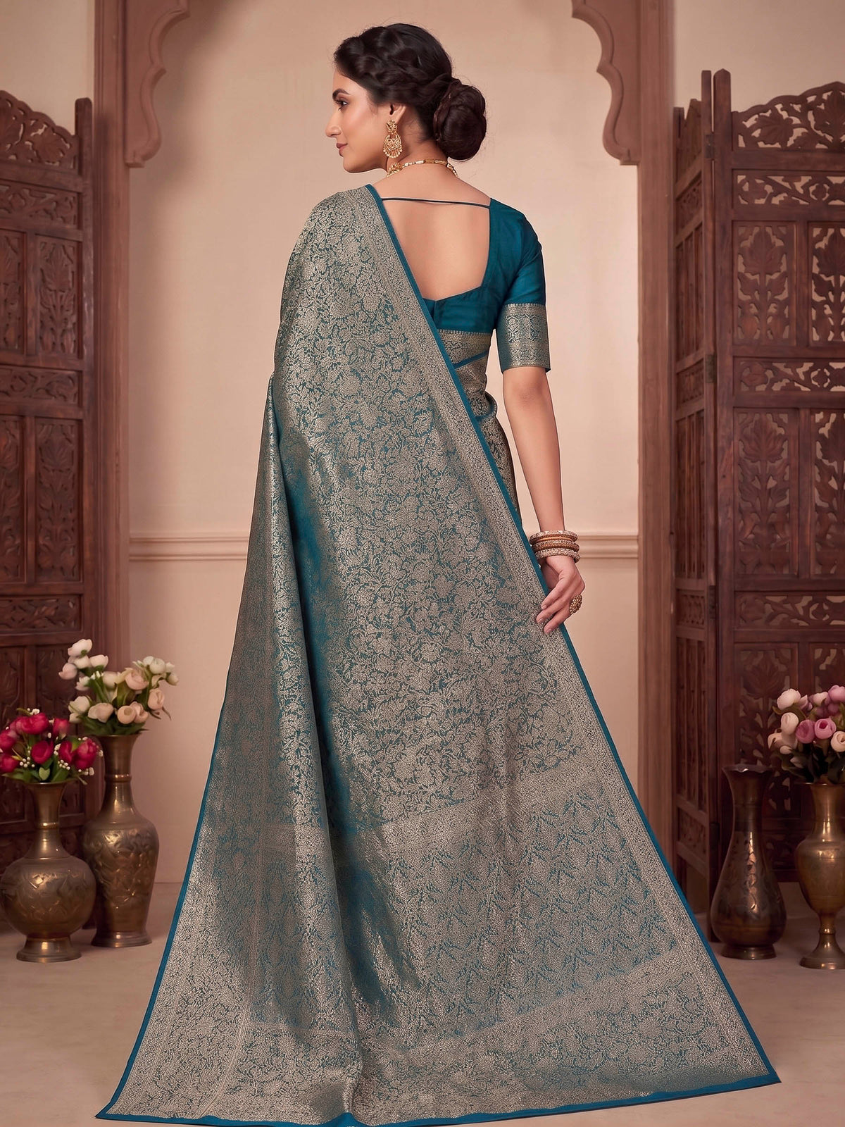 Peacock Blue Woven Design Art Silk Kanjivaram Saree