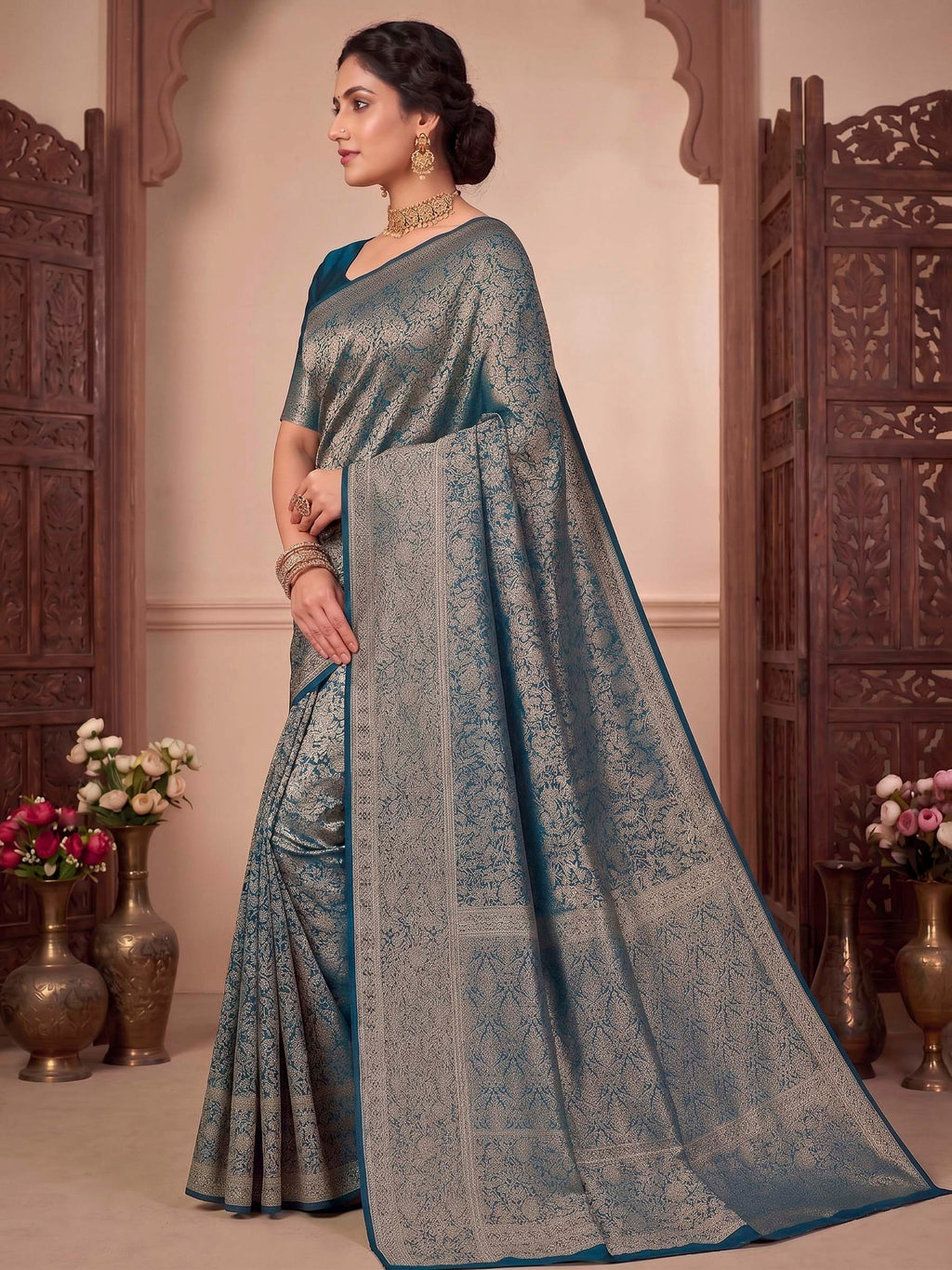 Peacock Blue Woven Design Art Silk Kanjivaram Saree