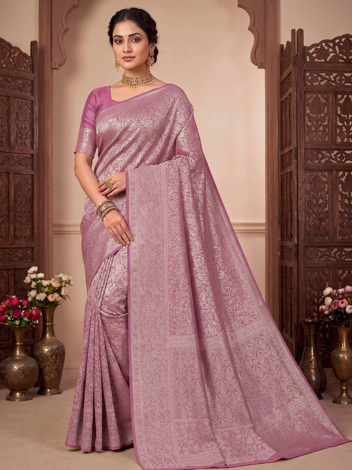 Pink Lavender Woven Design Art Silk Kanjivaram Saree
