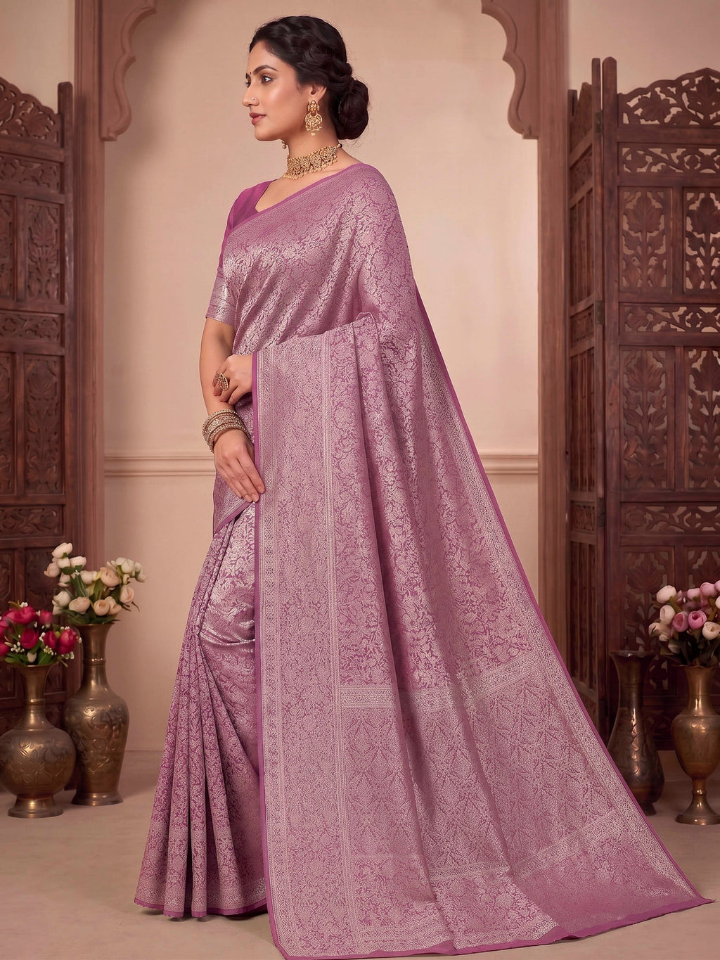 Pink Lavender Woven Design Art Silk Kanjivaram Saree