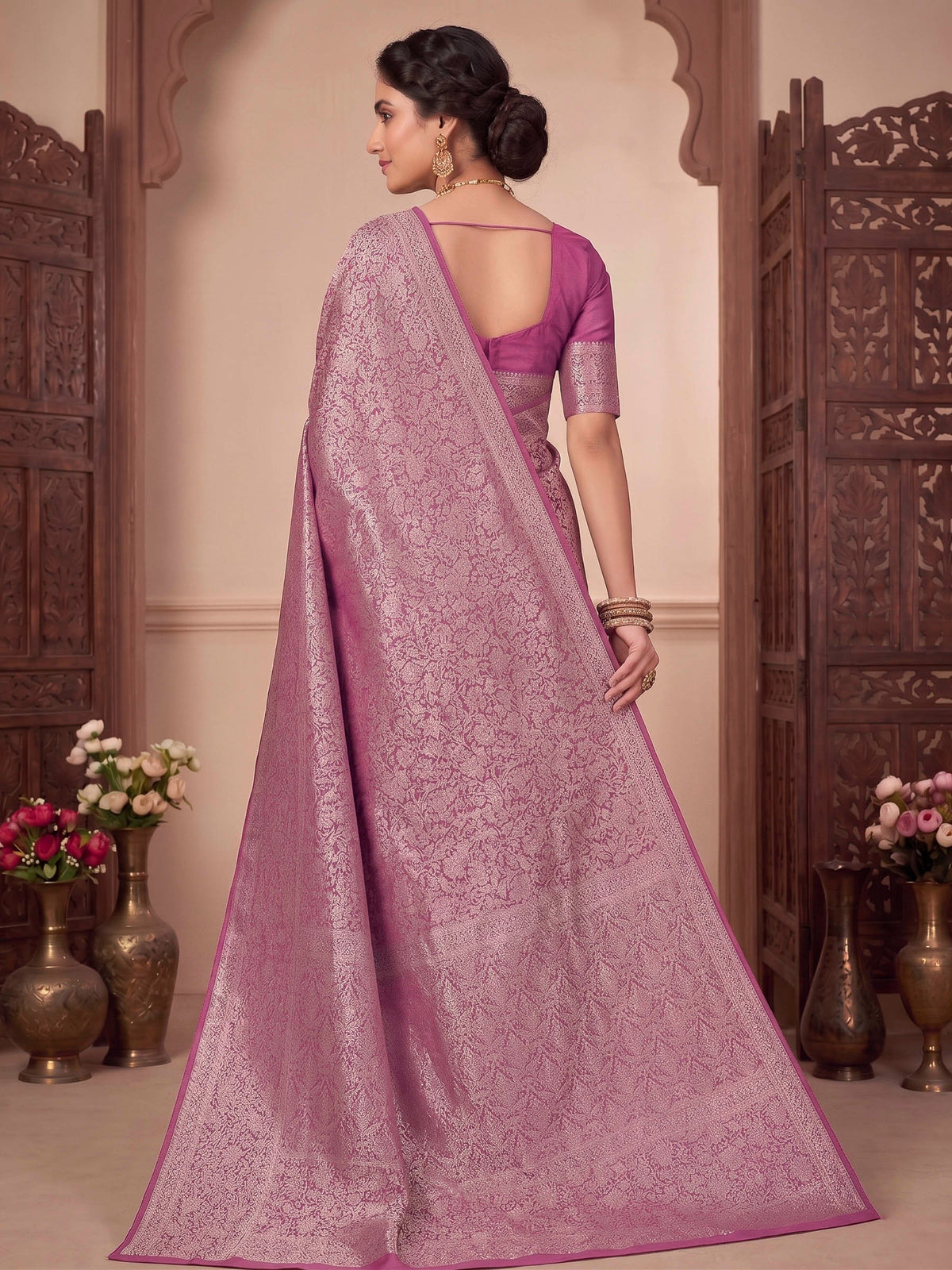 Pink Lavender Woven Design Art Silk Kanjivaram Saree