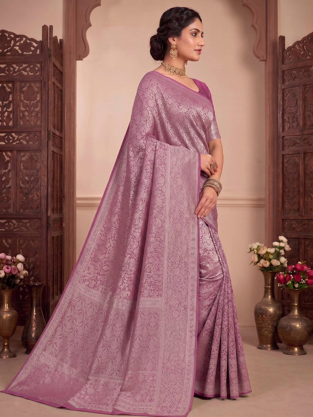 Pink Lavender Woven Design Art Silk Kanjivaram Saree